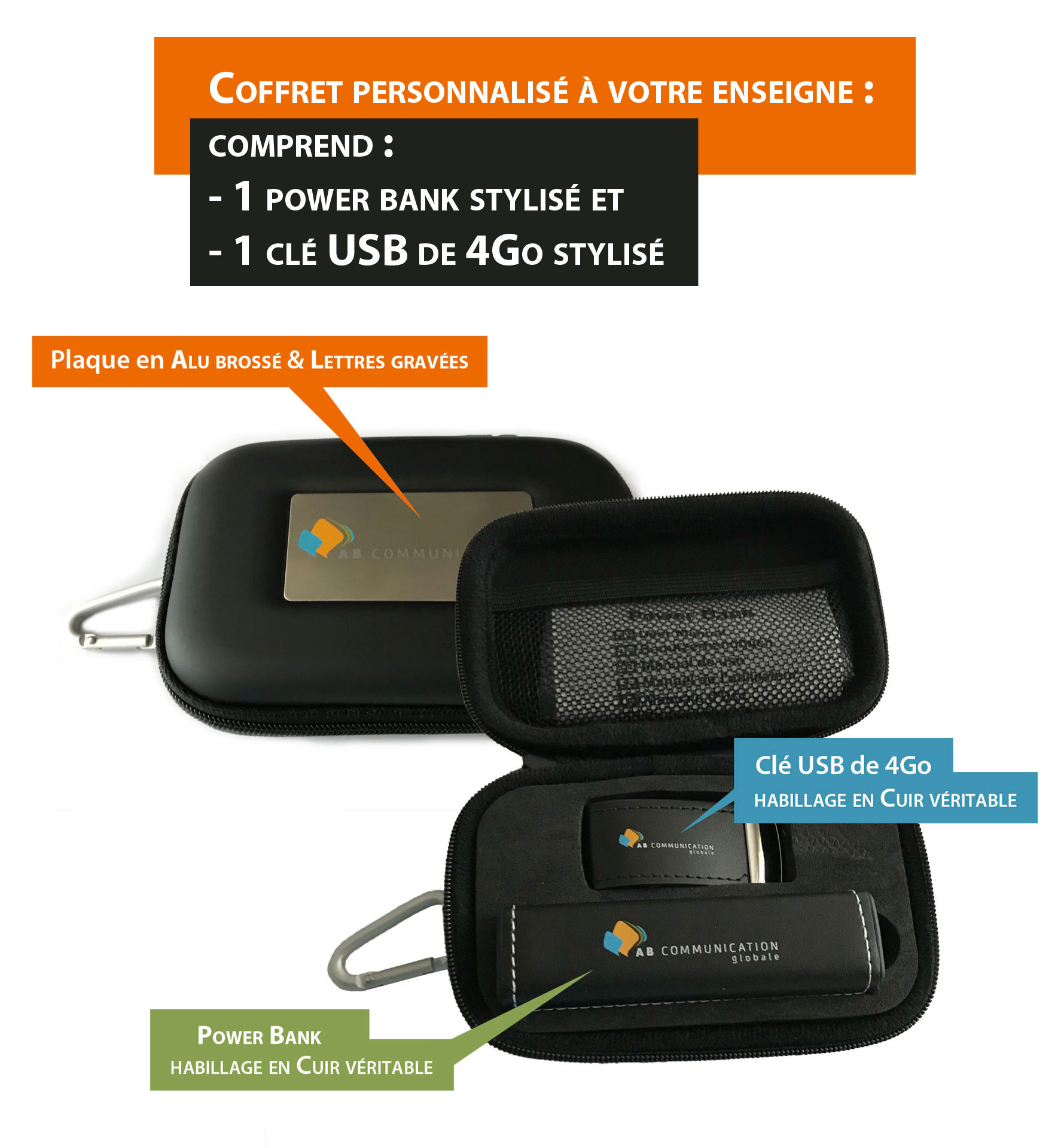 Coffret comprenant 1 POWER BANK et 1 clé USB 4Go, entièrement stylisé à votre enseigne et avec habillage en cuir